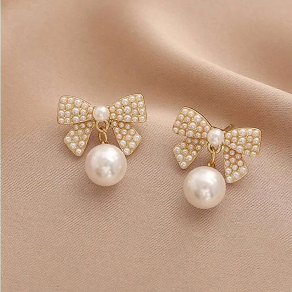 White Bow Coquette Faux Pearl Formal Prom Cocktail Earrings Wedding Jewelry